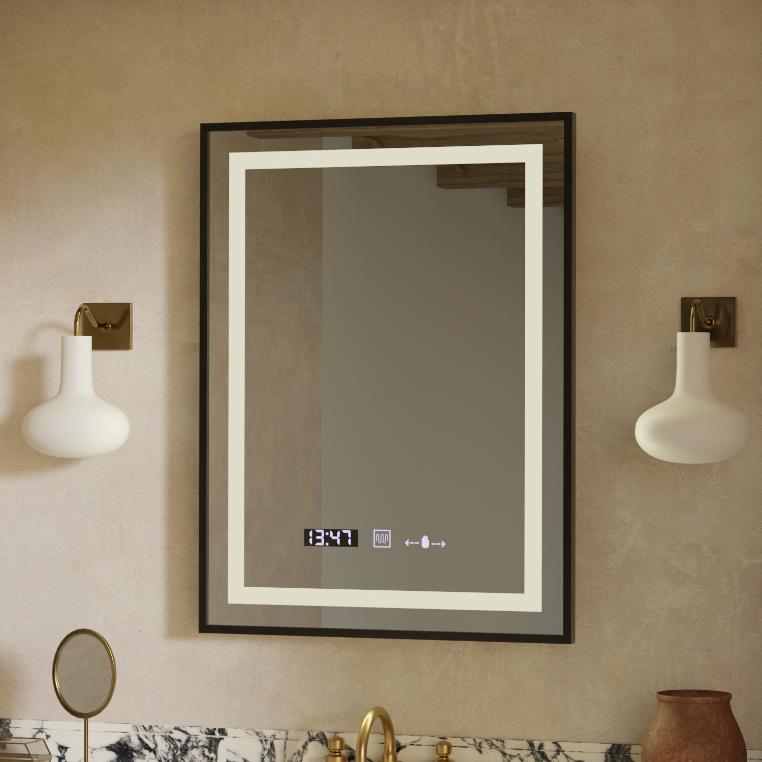Правоъгълно LED огледало, 50x70 см, Verite Majeste Noir Motion Glow Marcello, система за обезпотяване, часовник и термометър, димируеми огледала Marcello Заглавие по подразбиране Alessandro Design