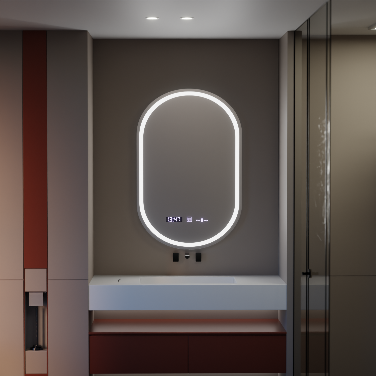 Овално LED огледало, 50x80 см, Eminence MotionGlow Marcello, система за обезпотяване, часовник и термометър, димируеми огледала Marcello Заглавие по подразбиране Alessandro Design