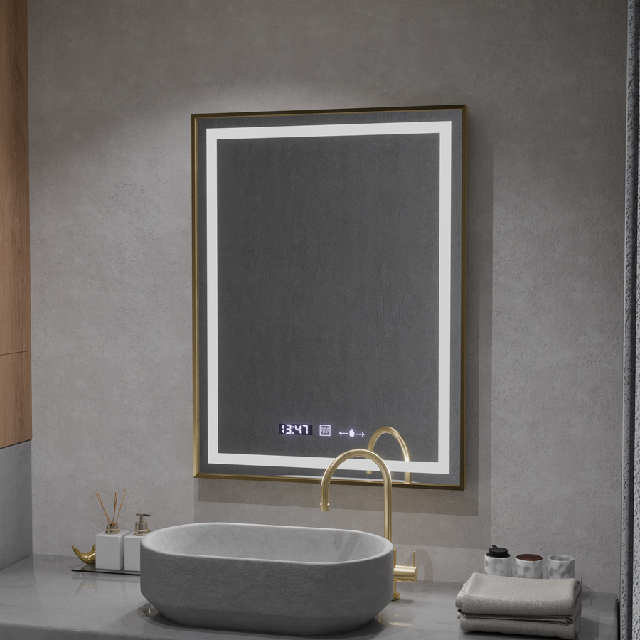 Правоъгълно LED огледало, 60x80 см, Verite Royale Gold MotionGlow Marcello, система за обезпотяване, часовник и термометър, димируеми огледала Marcello Заглавие по подразбиране Alessandro Design