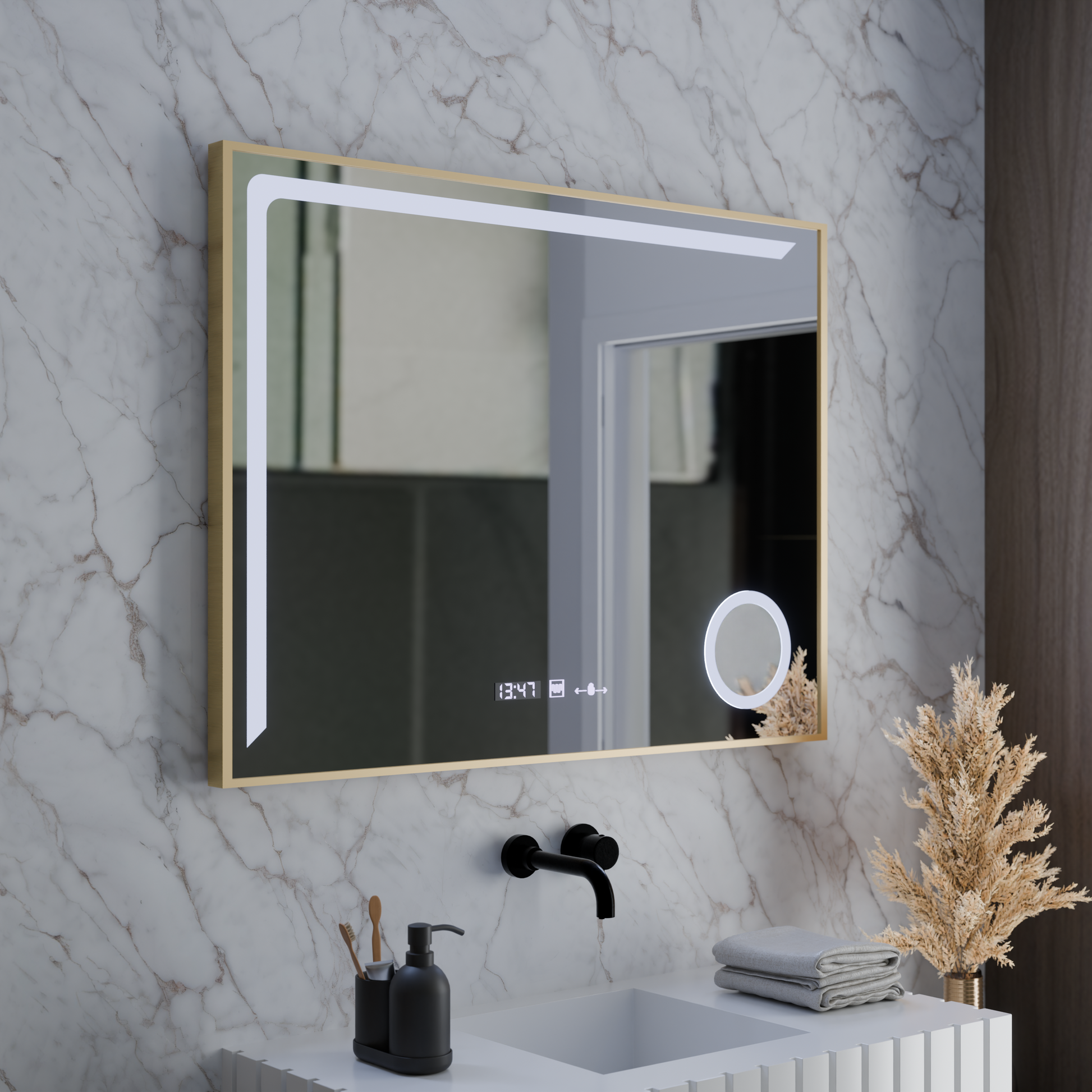 Oglinda LED Senzor MotionGlow Rosalia 80x60 cm Lumina Calda/Rece/Neutra Dimabila Sistem Dezaburire Termometru Ceas Colectia Marcello Funghi Oglinzi Marcello Default Title Alessandro Design