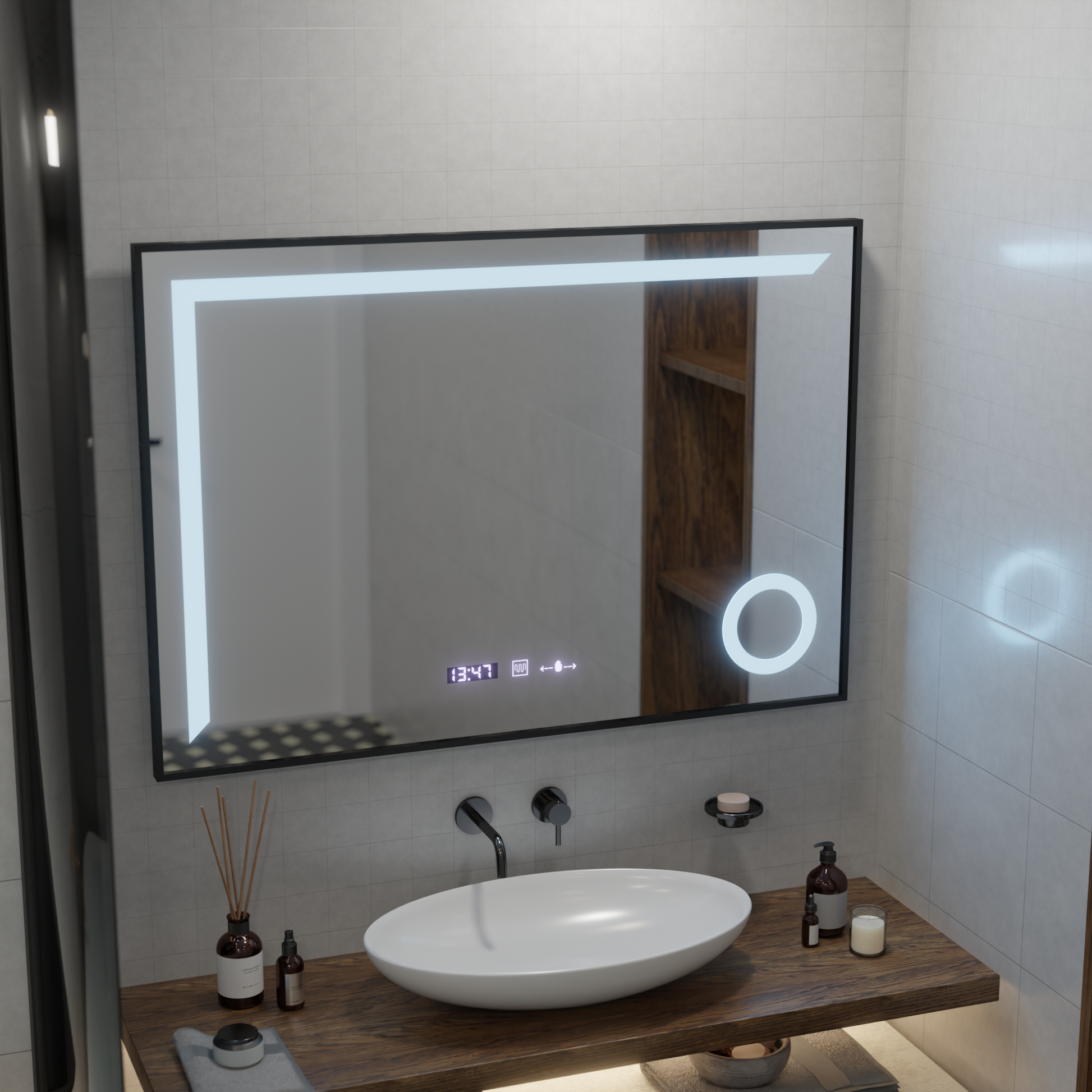 Oglinda LED Senzor MotionGlow Sofia cu functie Dezaburire Termometru Ceas 110x75 cm Lumina Calda/Rece/Neutra Dimabila,Rama Negru Brushed, Colectia Marcello Funghi Oglinzi Marcello Default Title Alessandro Design