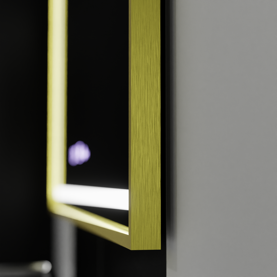 Правоъгълно LED огледало, 100x65 см, Verite Royale Gold Motion Glow Marcello, система за обезпотяване, часовник и термометър, димируеми огледала Marcello Заглавие по подразбиране Alessandro Design