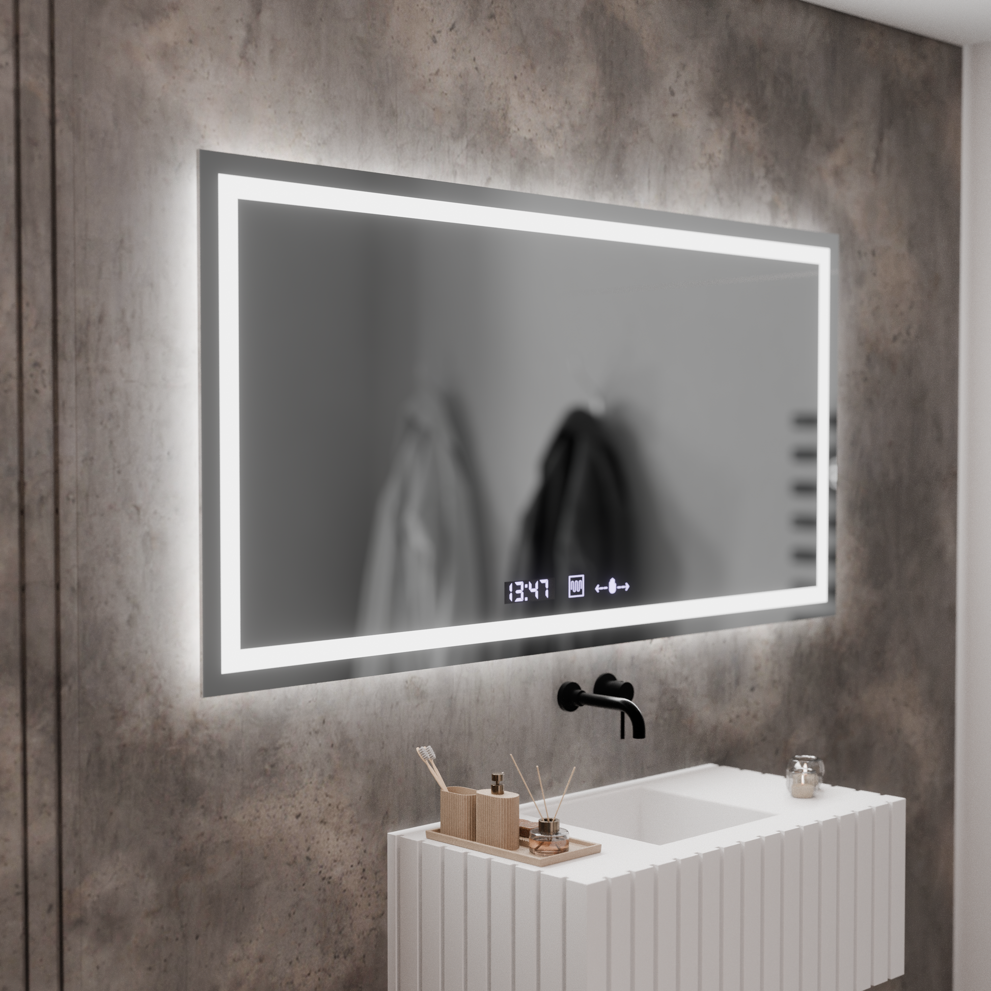 Правоъгълно LED огледало, 120x60 см, Verite MotionGlow Marcello, система за обезпотяване, часовник и термометър, димируеми огледала Marcello Заглавие по подразбиране Alessandro Design