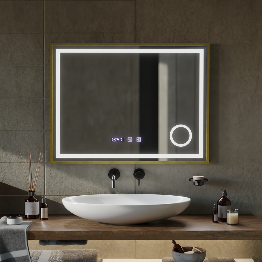 LED Touch CLARUS Система за размразяване на огледалото, часовник и температура 80x60 cm Златна рамка Матирана козметична лупа Огледала Korman S Заглавие по подразбиране Alessandro Design