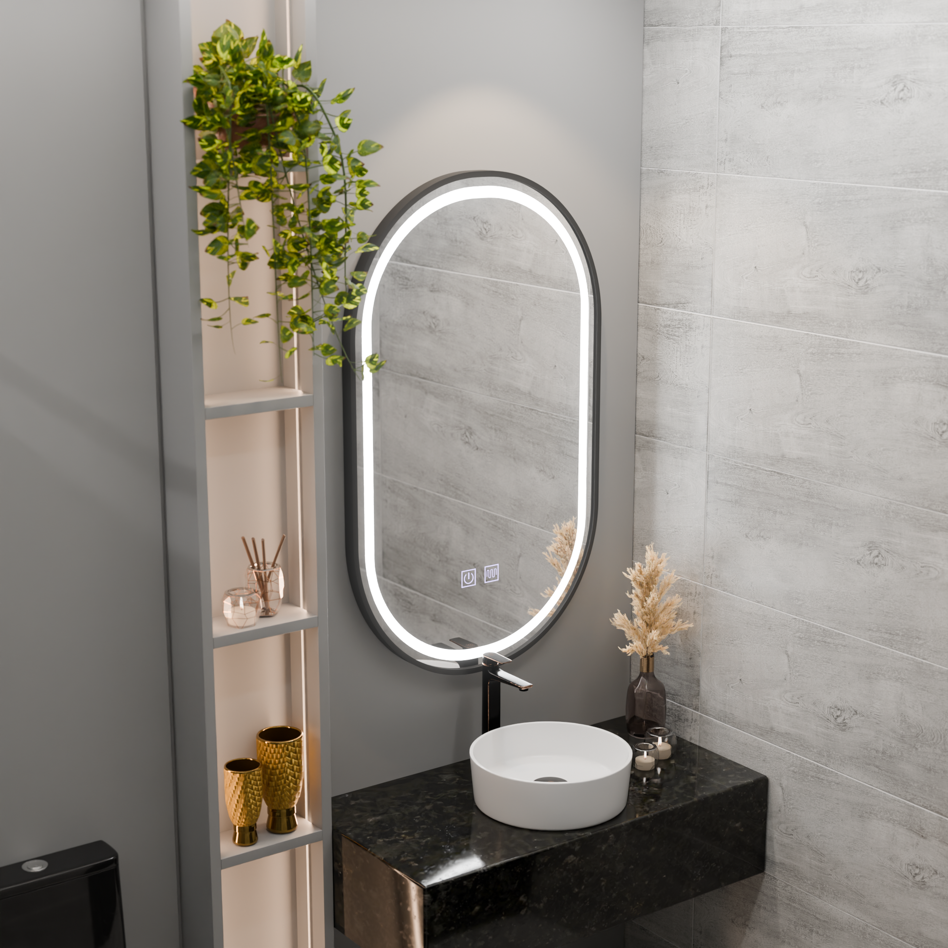 Овално LED огледало 50x100cm VETRO Touch Dimable Demister System, черна рамка Korman Mirrors E Заглавие по подразбиране Alessandro Design