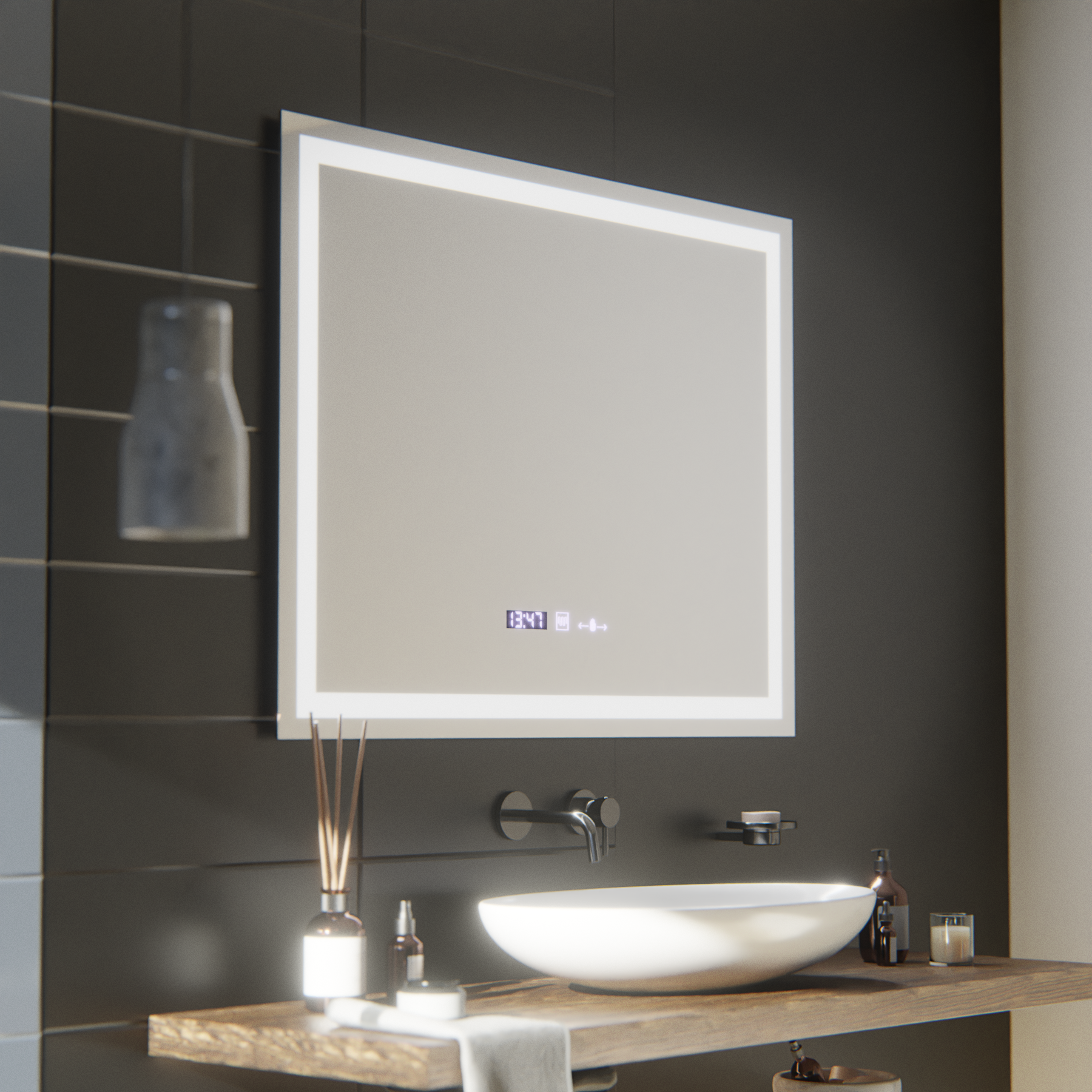 Правоъгълно LED огледало, 100x75 см, Verite MotionGlow Marcello, система за обезпотяване, часовник и термометър, димируеми огледала Marcello Заглавие по подразбиране Alessandro Design