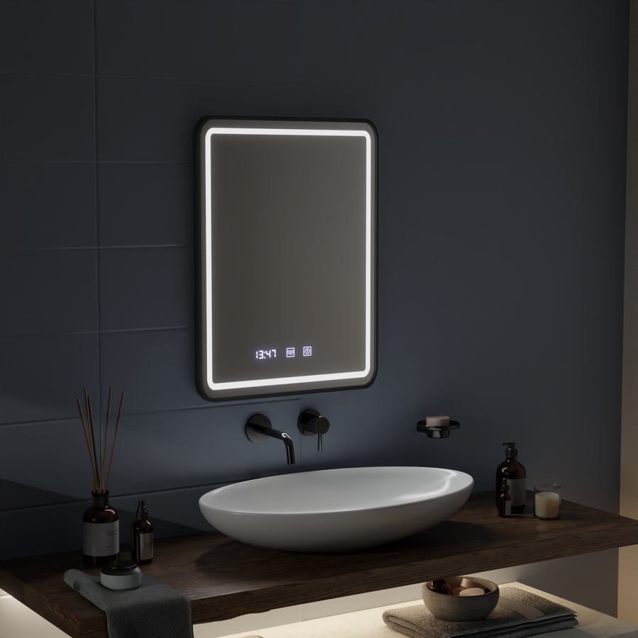 Огледало LED Touch LUCIDA Система за обезпотяване, часовник и температура 60x80 см рамка Черни матирани огледала Korman S Заглавие по подразбиране Alessandro Design