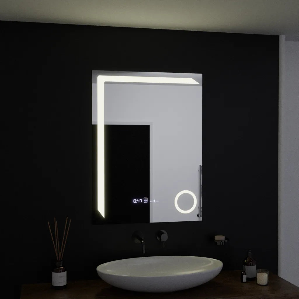 Правоъгълно LED огледало, 60x80 см, Precision MotionGlow Marcello, система за обезпотяване, часовник и термометър, козметична лупа, димируеми огледала Marcello Заглавие по подразбиране Alessandro Design