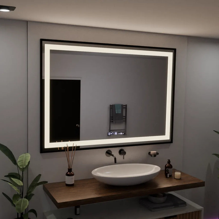 Правоъгълно LED огледало, 100x65 см, Verite Majeste Noir Motion Glow Marcello, система за обезпотяване, часовник и термометър, димируеми огледала Marcello Заглавие по подразбиране Alessandro Design