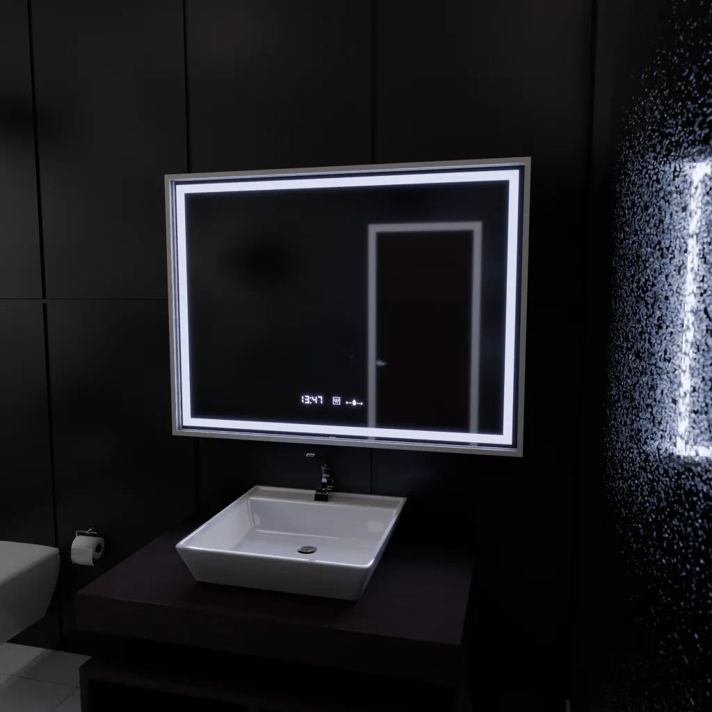 Правоъгълно LED огледало, 80x60 см, Verite Imperial Silver Motion Glow Marcello, система за обезпотяване, часовник и термометър, димируеми огледала Marcello Заглавие по подразбиране Alessandro Design