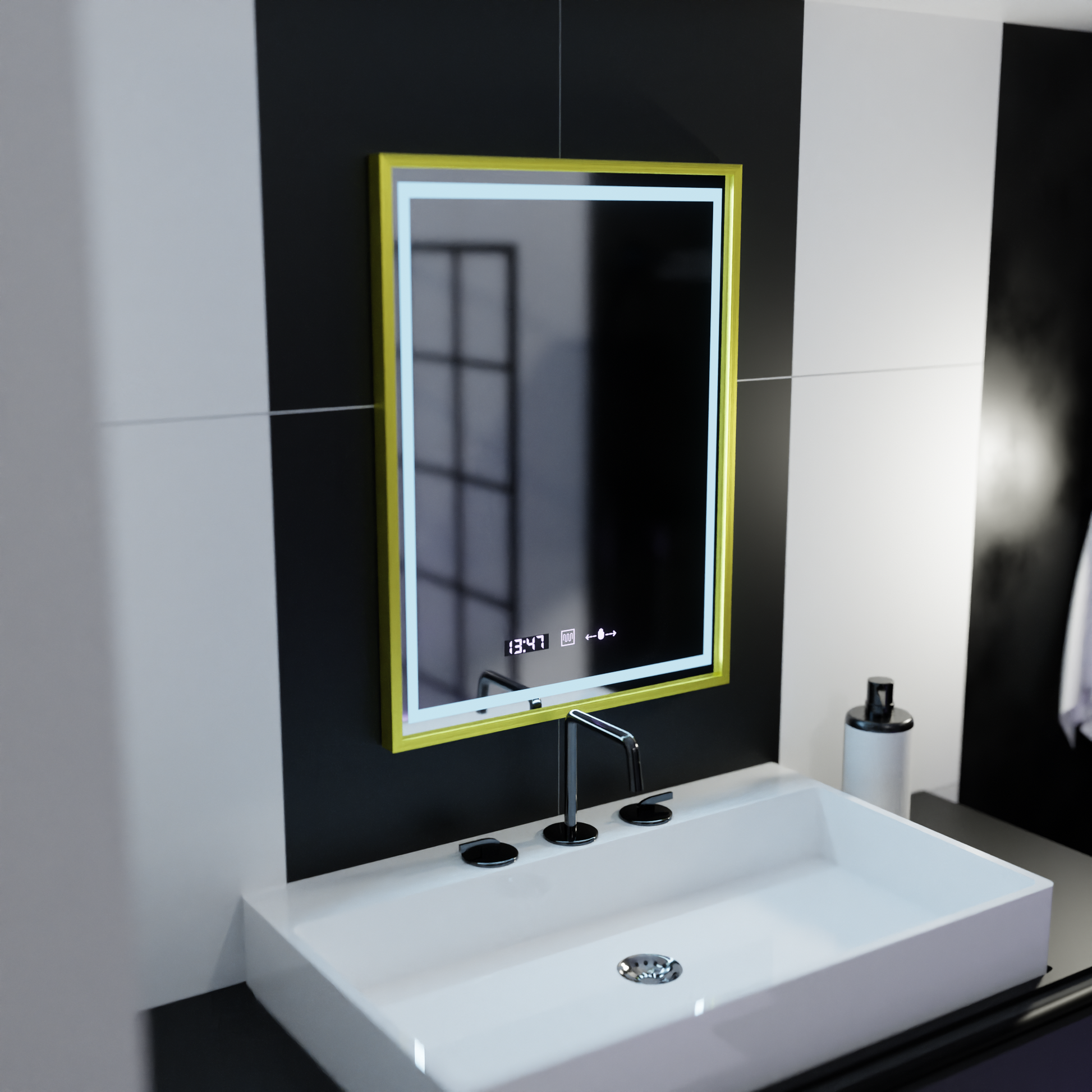 Правоъгълно LED огледало, 50x70 см, Verite Royale Gold Motion Glow Marcello, система за обезпотяване, часовник и термометър, димируеми огледала Marcello Заглавие по подразбиране Alessandro Design