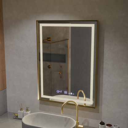 Правоъгълно LED огледало, 60x80 см, Verite Royale Gold MotionGlow Marcello, система за обезпотяване, часовник и термометър, димируеми огледала Marcello Заглавие по подразбиране Alessandro Design