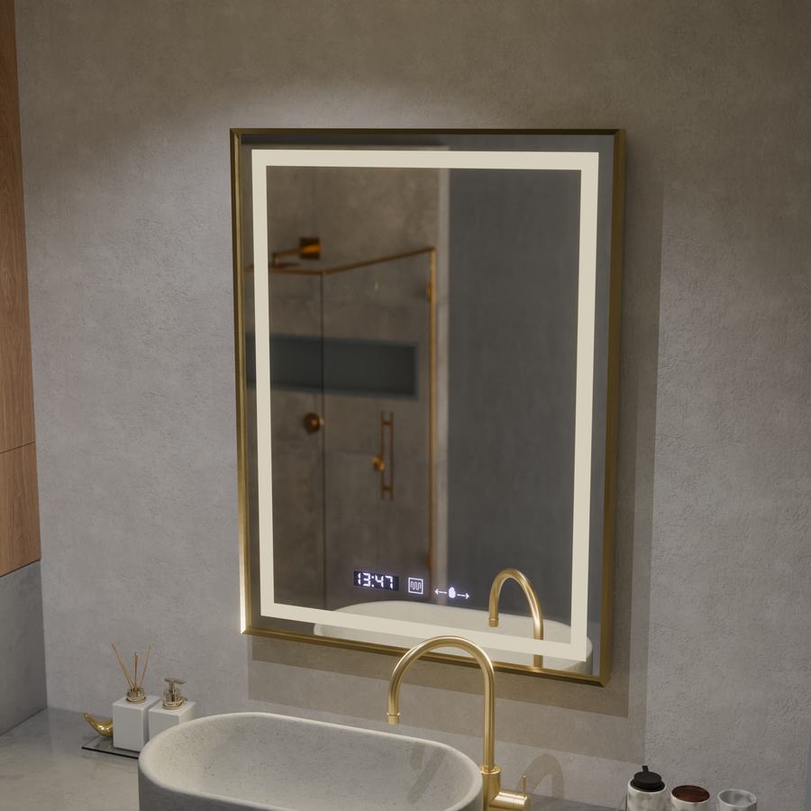 Правоъгълно LED огледало, 60x80 см, Verite Royale Gold MotionGlow Marcello, система за обезпотяване, часовник и термометър, димируеми огледала Marcello Заглавие по подразбиране Alessandro Design