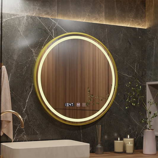 LUSSO LED сензорно огледало, система за обезпотяване, часовник и температура, диаметър 60 см, матирана златна рамка, неутрална топла светлина 3000K/4500K/6000K, възможност за димиране
