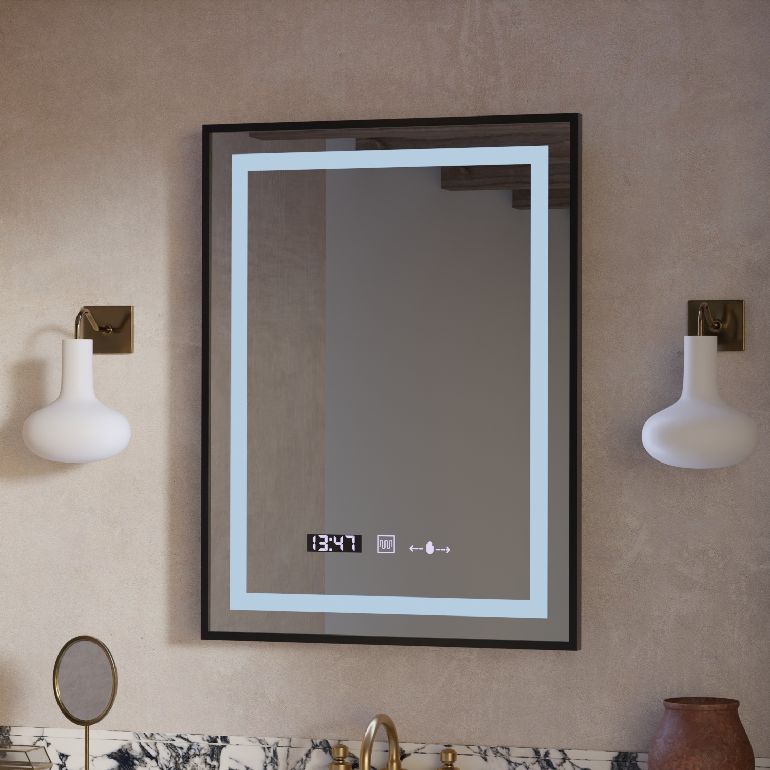 Правоъгълно LED огледало, 50x70 см, Verite Majeste Noir Motion Glow Marcello, система за обезпотяване, часовник и термометър, димируеми огледала Marcello Заглавие по подразбиране Alessandro Design