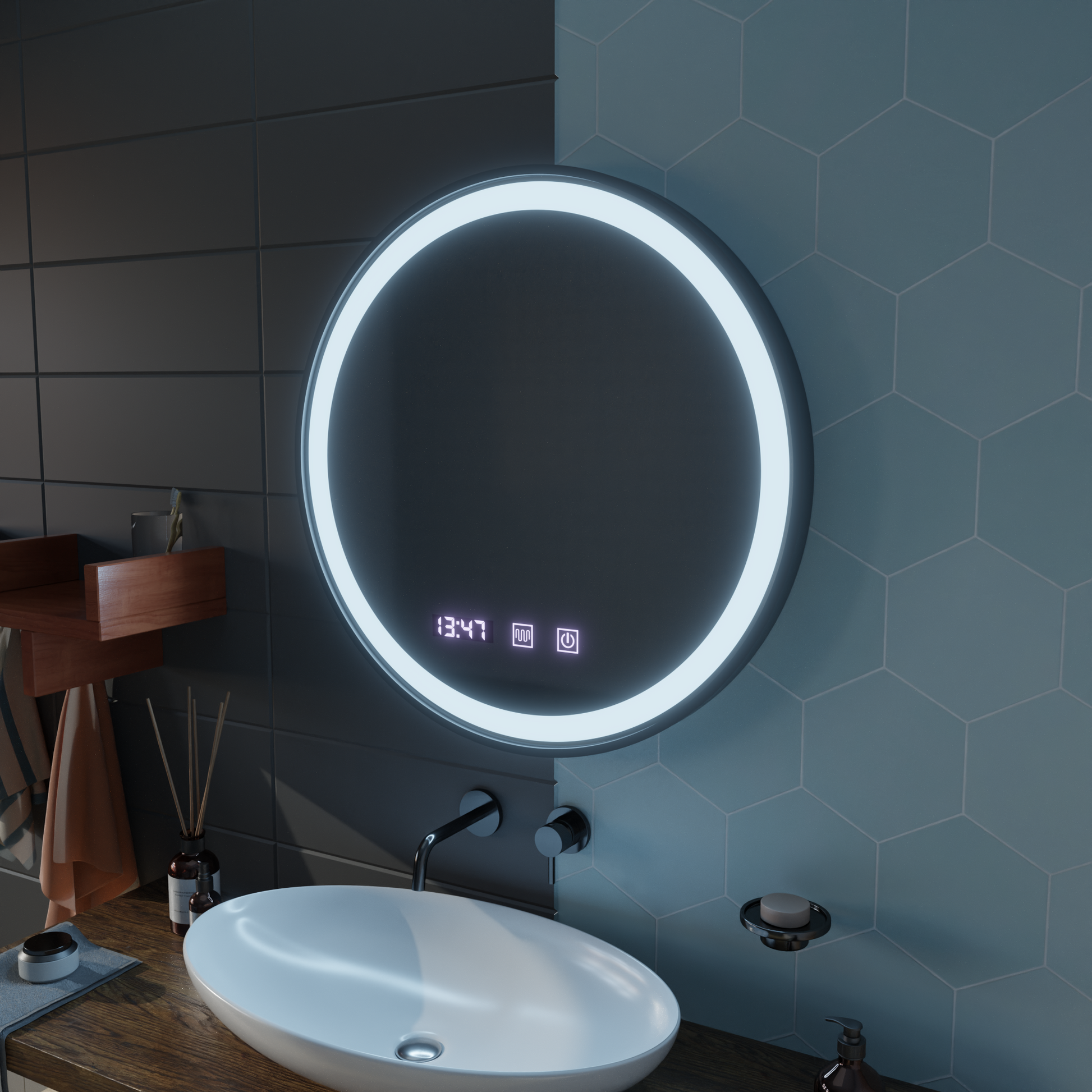 LED сензорно огледало NOVARA Demister System, часовник и температура 90 см черна рамка Матирани огледала Korman S Заглавие по подразбиране Alessandro Design