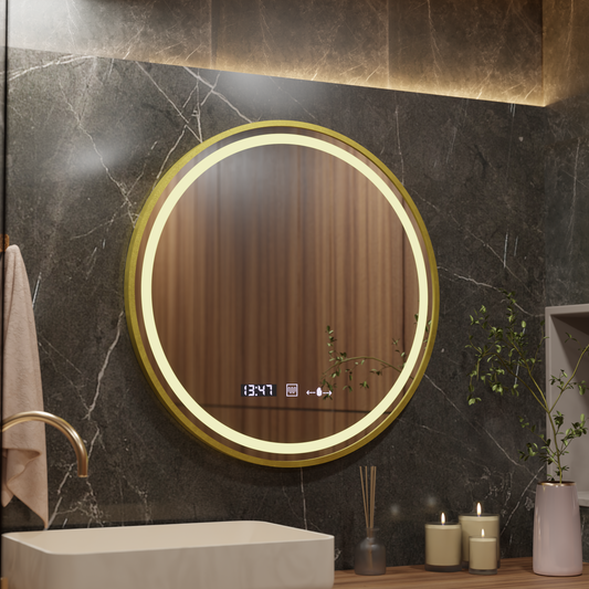 LED кръгло огледало, 80 см, Celeste Royale Gold MotionGlow Marcello, система за обезпотяване, часовник и термометър, димируеми огледала Marcello Заглавие по подразбиране Alessandro Design