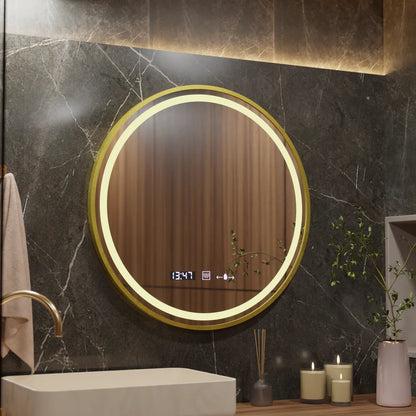 Кръгло LED огледало, 60 см, Celeste Royale Gold Eleve MotionGlow Marcello, система за обезпотяване, часовник и термометър, димируема, подвижна каишка Marcello огледала Заглавие по подразбиране Alessandro Design