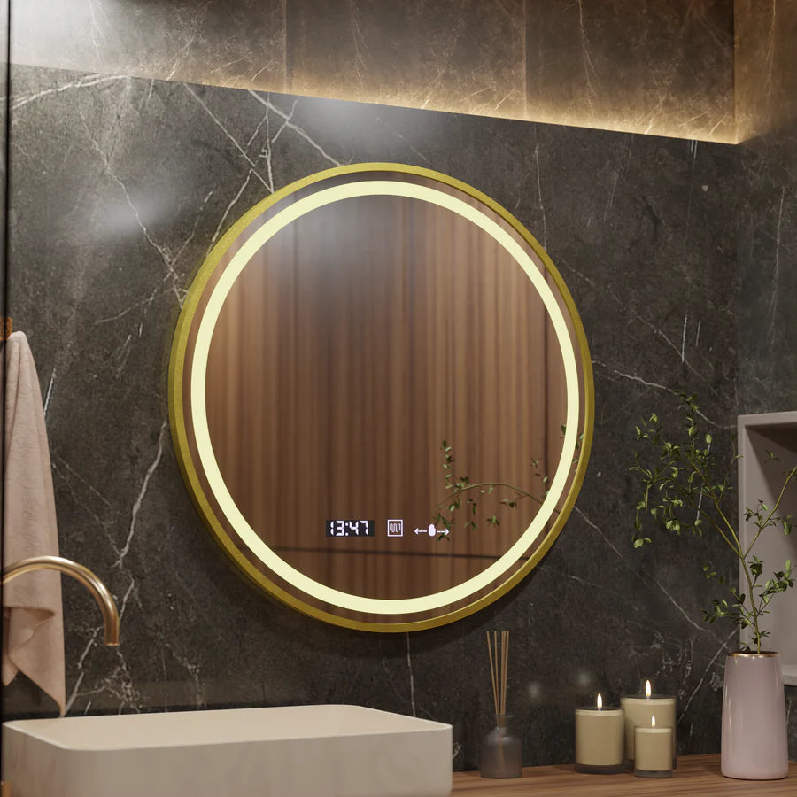 Кръгло LED огледало, 60 см, Celeste Royale Gold Eleve MotionGlow Marcello, система за обезпотяване, часовник и термометър, димируема, подвижна каишка Marcello огледала Заглавие по подразбиране Alessandro Design
