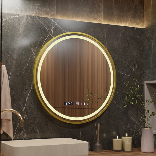 LED кръгло огледало, 70 см, Celeste Royale Gold MotionGlow Marcello, система против запотяване, часовник и термометър, димиране