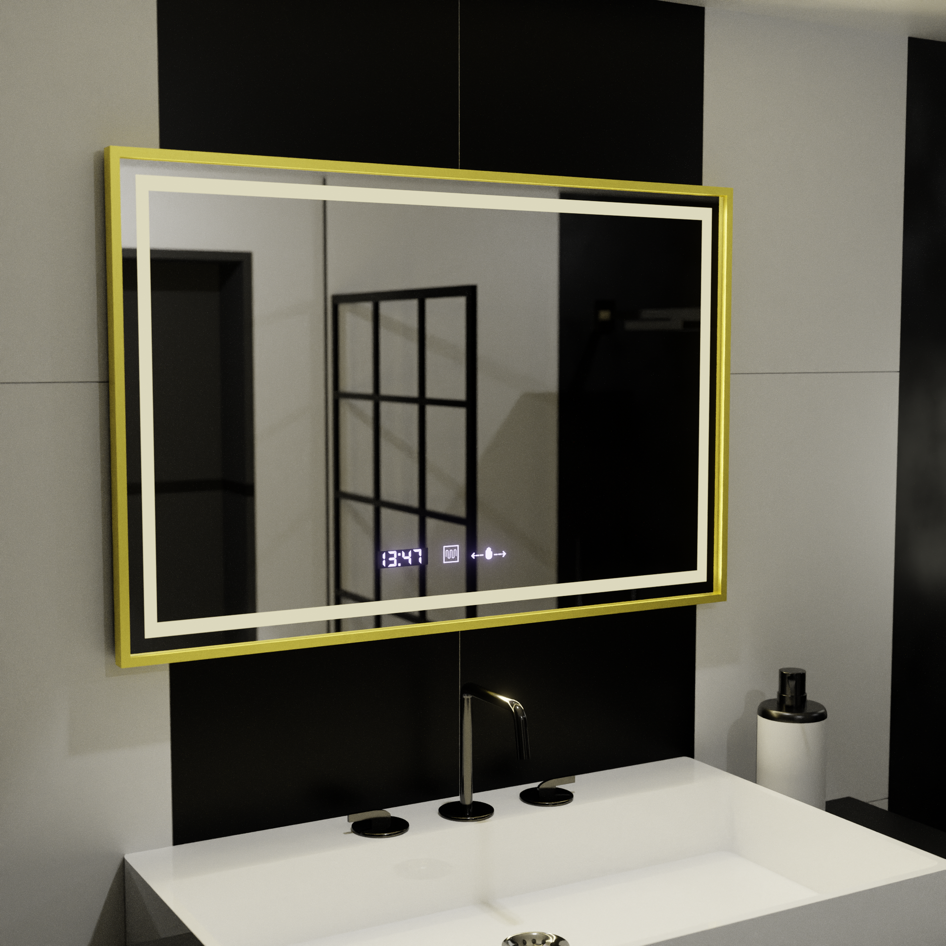 Правоъгълно LED огледало, 100x65 см, Verite Royale Gold Motion Glow Marcello, система за обезпотяване, часовник и термометър, димируеми огледала Marcello Заглавие по подразбиране Alessandro Design