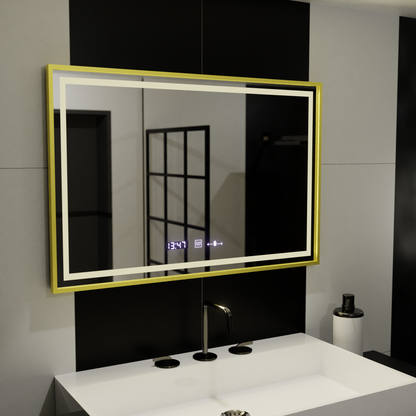 Правоъгълно LED огледало, 100x65 см, Verite Royale Gold Motion Glow Marcello, система за обезпотяване, часовник и термометър, димируеми огледала Marcello Заглавие по подразбиране Alessandro Design
