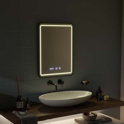 Огледало LED Touch LUCIDA Система за обезпотяване, часовник и температура 60x80 см рамка Черни матирани огледала Korman S Заглавие по подразбиране Alessandro Design