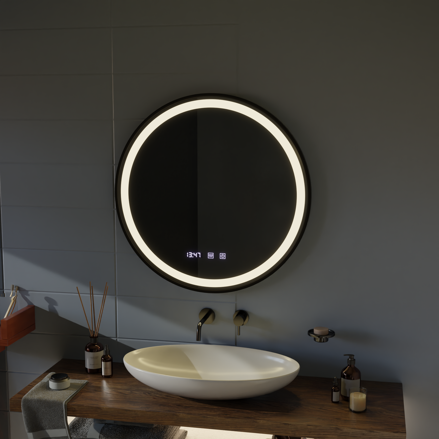 LED сензорно огледало NOVARA Система против запотяване, часовник и температура 50 см черна рамка Матирани огледала Korman S Заглавие по подразбиране Alessandro Design
