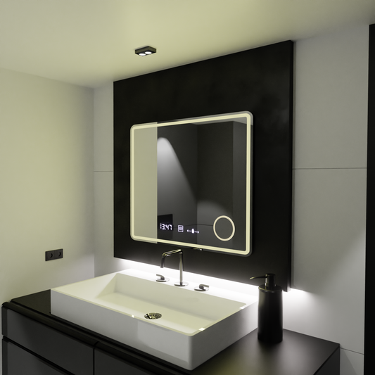 Правоъгълно LED огледало, 80x60 см, Riflesso MotionGlow Marcello, система за обезпотяване, часовник и термометър, козметична лупа, димируеми огледала Marcello Заглавие по подразбиране Alessandro Design