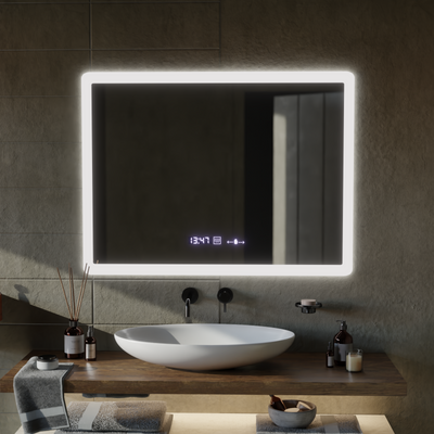 Правоъгълно LED огледало, 80x60 см, сензор ELANCEE MotionGlow Marcello, система за обезпотяване, часовник и термометър, димиране