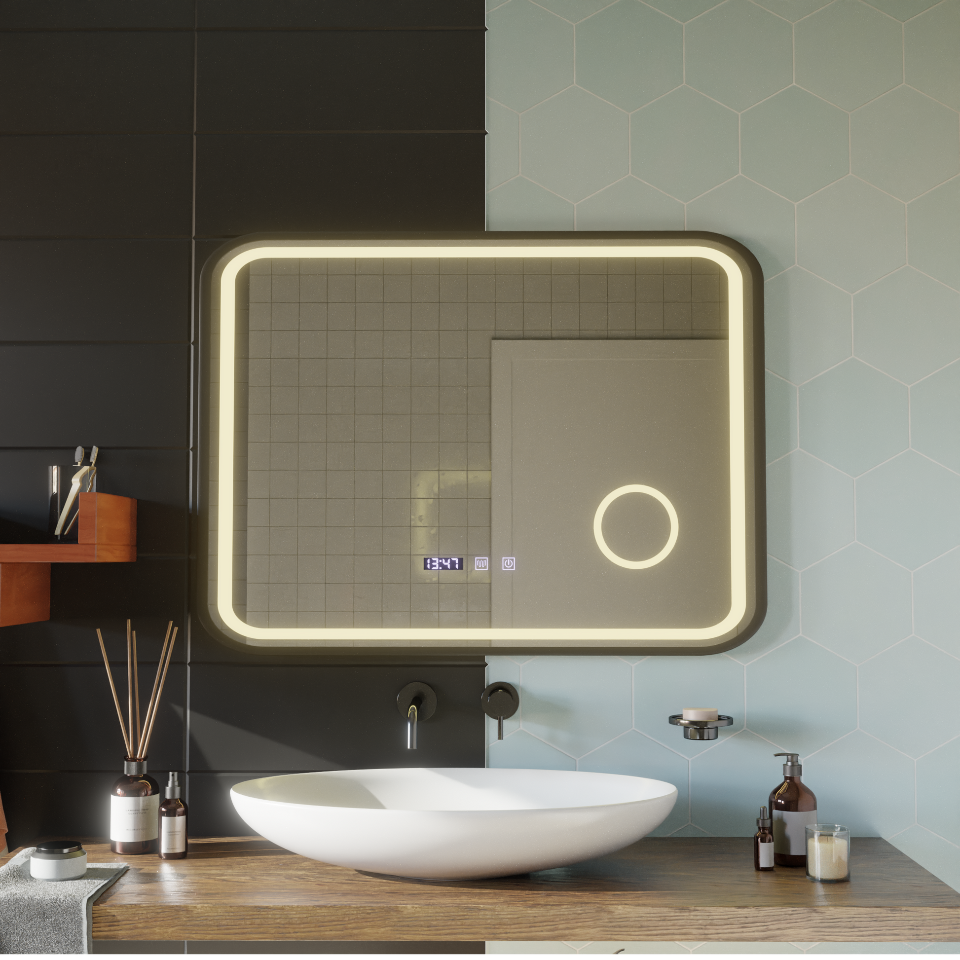 LED Touch Bernd Система за премахване на запотяването на огледалото, часовник и температура 80x60 cm Черна рамка Матирана козметична лупа Огледала Korman S Заглавие по подразбиране Alessandro Design