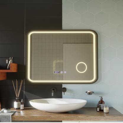LED Touch Bernd Система за премахване на запотяването на огледалото, часовник и температура 80x60 cm Черна рамка Матирана козметична лупа Огледала Korman S Заглавие по подразбиране Alessandro Design