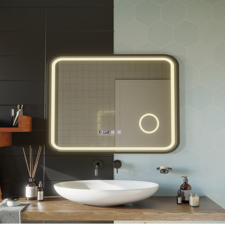LED Touch Bernd Система за премахване на запотяването на огледалото, часовник и температура 80x60 cm Черна рамка Матирана козметична лупа Огледала Korman S Заглавие по подразбиране Alessandro Design