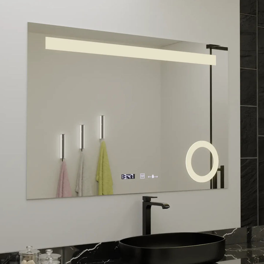 Правоъгълно LED огледало, 80x60cm, ABSOLU MotionGlow Marcello, система за обезпотяване, часовник и термометър, козметична лупа, димируеми огледала Marcello Заглавие по подразбиране Alessandro Design