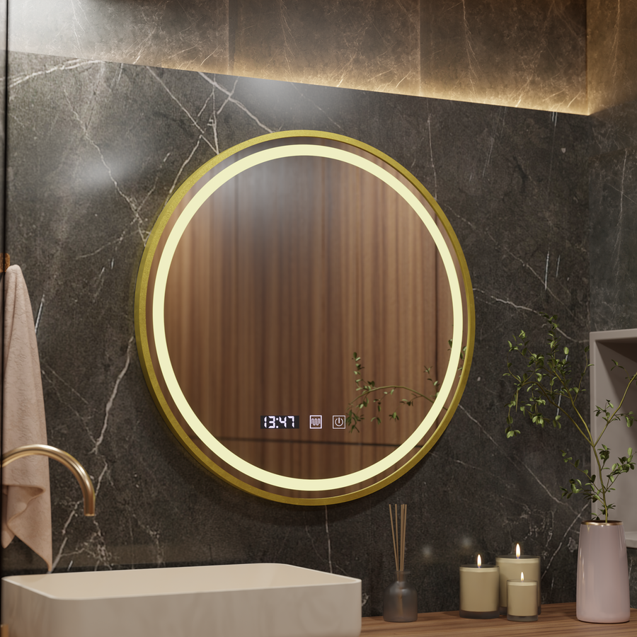 Огледало LED Touch LUSSO система за обезпотяване, часовник и температура, 70 см, матова златна рамка Огледала Korman S Заглавие по подразбиране Alessandro Design