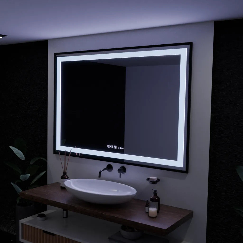 Правоъгълно LED огледало, 100x65 см, Verite Majeste Noir Motion Glow Marcello, система за обезпотяване, часовник и термометър, димируеми огледала Marcello Заглавие по подразбиране Alessandro Design