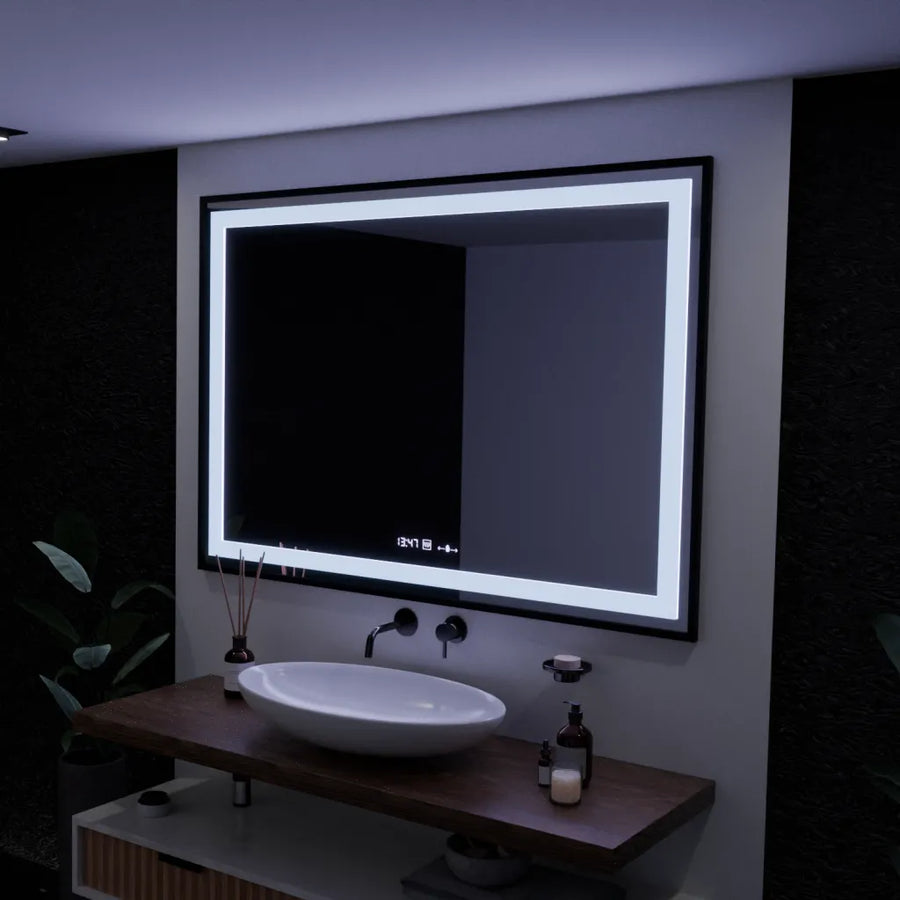 Правоъгълно LED огледало, 100x65 см, Verite Majeste Noir Motion Glow Marcello, система за обезпотяване, часовник и термометър, димируеми огледала Marcello Заглавие по подразбиране Alessandro Design