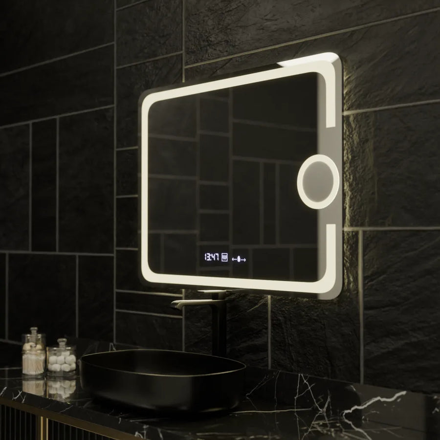 Правоъгълно LED огледало, 80x60 см, Eclat MotionGlow Marcello, система за обезпотяване, часовник и термометър, козметична лупа, димируеми огледала Marcello Заглавие по подразбиране Alessandro Design