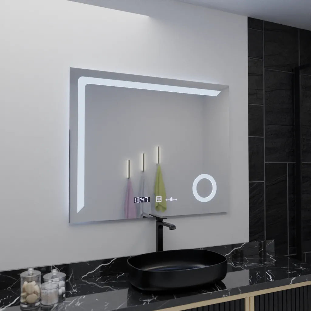 Правоъгълно LED огледало, 100x80 см, Precision MotionGlow Marcello, система за обезпотяване, часовник и термометър, козметична лупа, димируеми огледала Marcello Заглавие по подразбиране Alessandro Design