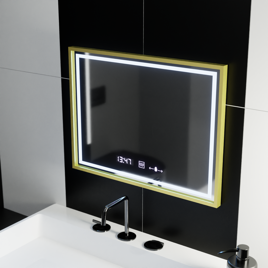 Правоъгълно LED огледало, 80x60 см, Verite Royale Gold MotionGlow Marcello, система за обезпотяване, часовник и термометър, димируеми огледала Marcello Заглавие по подразбиране Alessandro Design