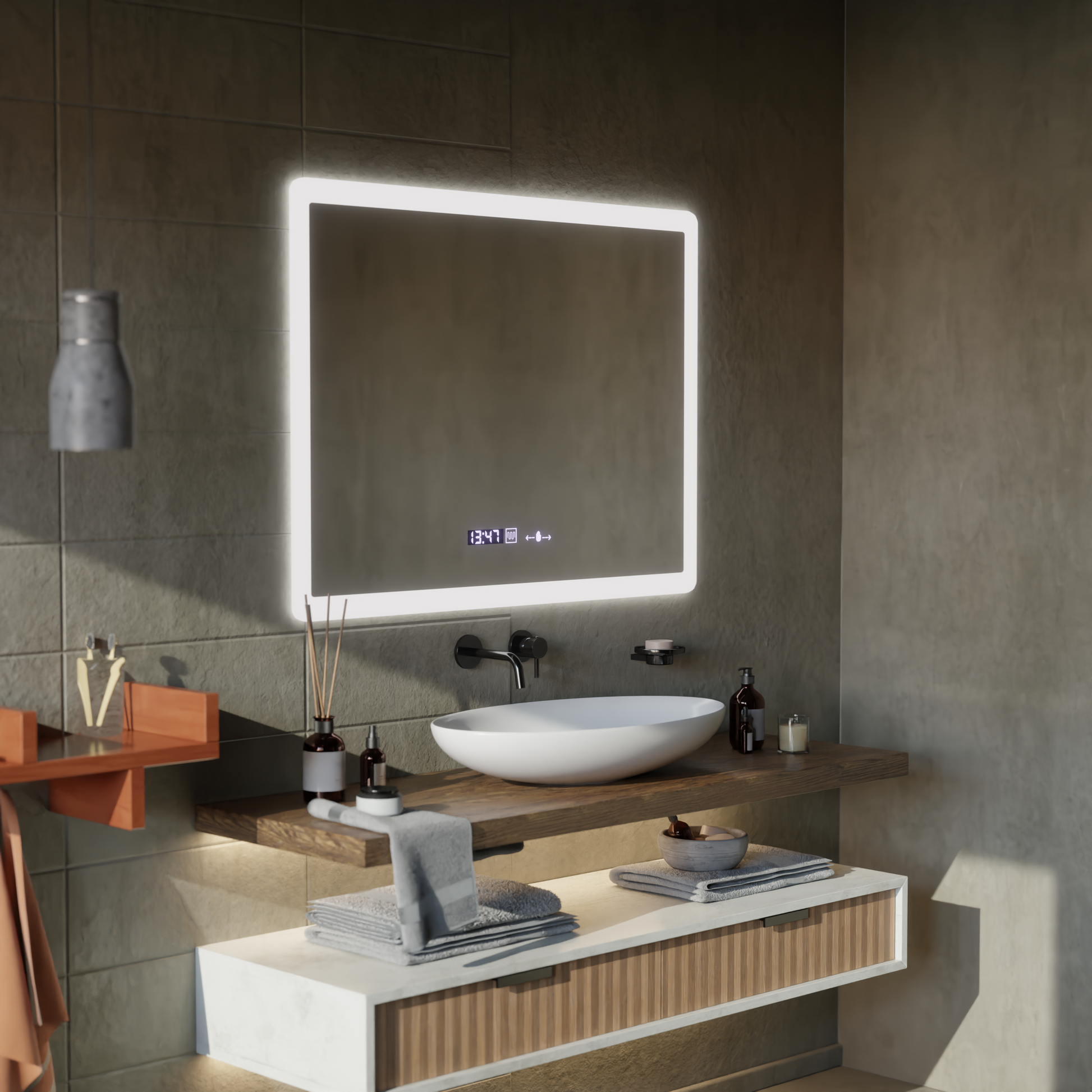 Oglinda LED Rectangulara, 80x60cm, ELANCEE Senzor MotionGlow Marcello, Sistem Dezaburire, Ceas & Termometru, Dimabila Oglinzi Marcello Default Title Alessandro Design