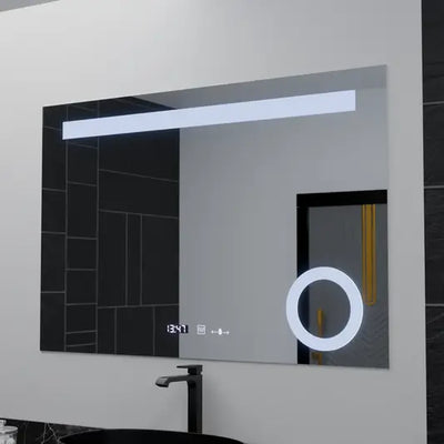 Правоъгълно LED огледало, 100x75 см, ABSOLU MotionGlow Marcello, система против запотяване, часовник и термометър, козметична лупа, димиране