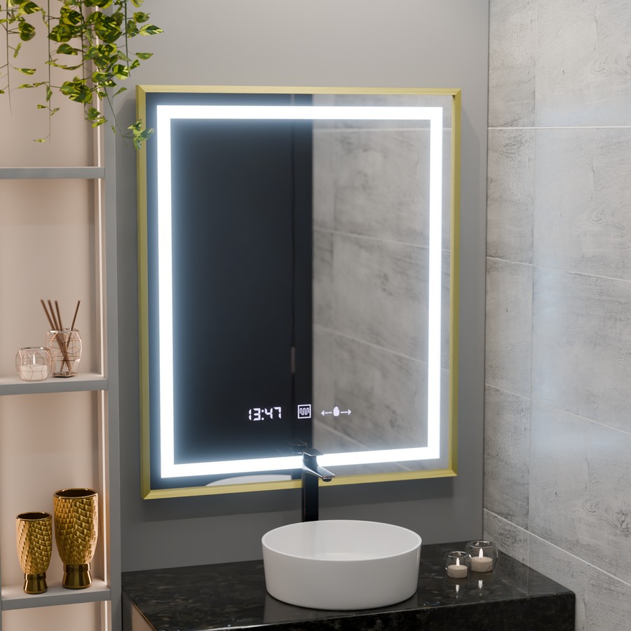 Правоъгълно LED огледало, 75x90 см, Verite Royale Gold MotionGlow Marcello, система за обезпотяване, часовник и термометър, димируеми огледала Marcello Заглавие по подразбиране Alessandro Design
