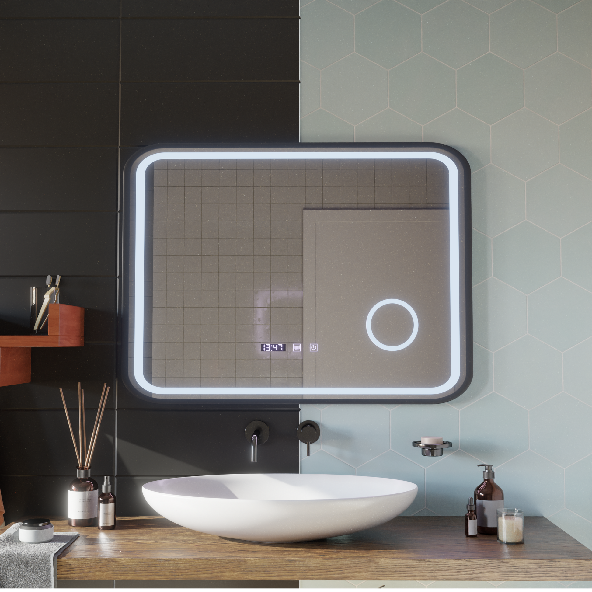 LED Touch Bernd Система за премахване на запотяването на огледалото, часовник и температура 80x60 cm Черна рамка Матирана козметична лупа Огледала Korman S Заглавие по подразбиране Alessandro Design
