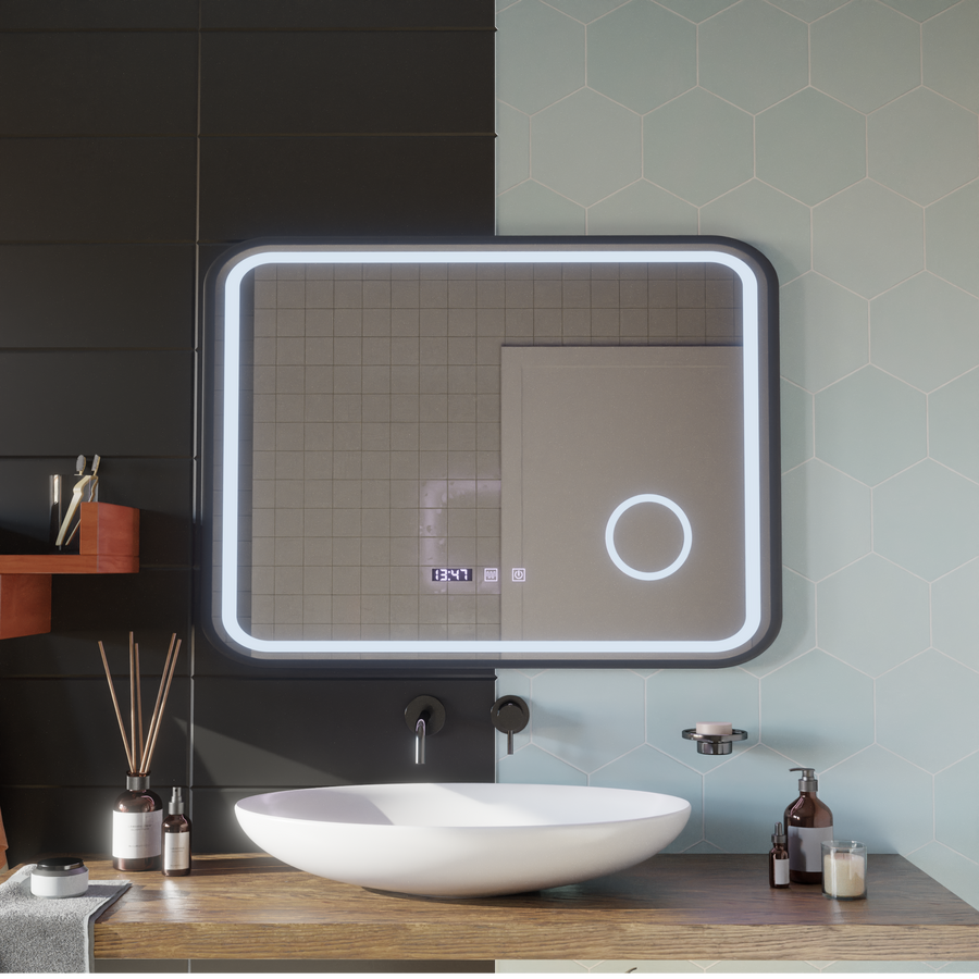 LED Touch Bernd Система за премахване на запотяването на огледалото, часовник и температура 80x60 cm Черна рамка Матирана козметична лупа Огледала Korman S Заглавие по подразбиране Alessandro Design
