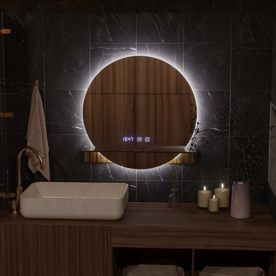 Огледало LED Touch Alfred Система за обезпотяване, часовник и температура 60x60 см с интегрирана поддръжка Огледала Korman S Заглавие по подразбиране Alessandro Design