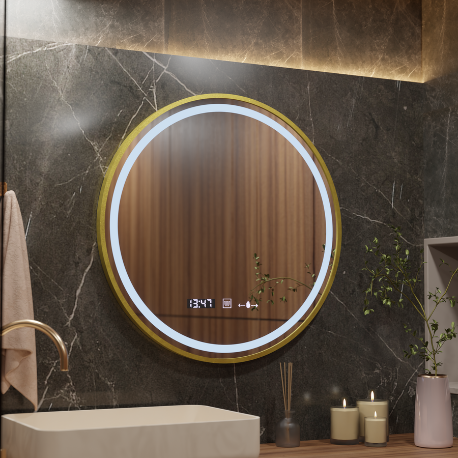 LED кръгло огледало, 80 см, Celeste Royale Gold MotionGlow Marcello, система за обезпотяване, часовник и термометър, димируеми огледала Marcello Заглавие по подразбиране Alessandro Design