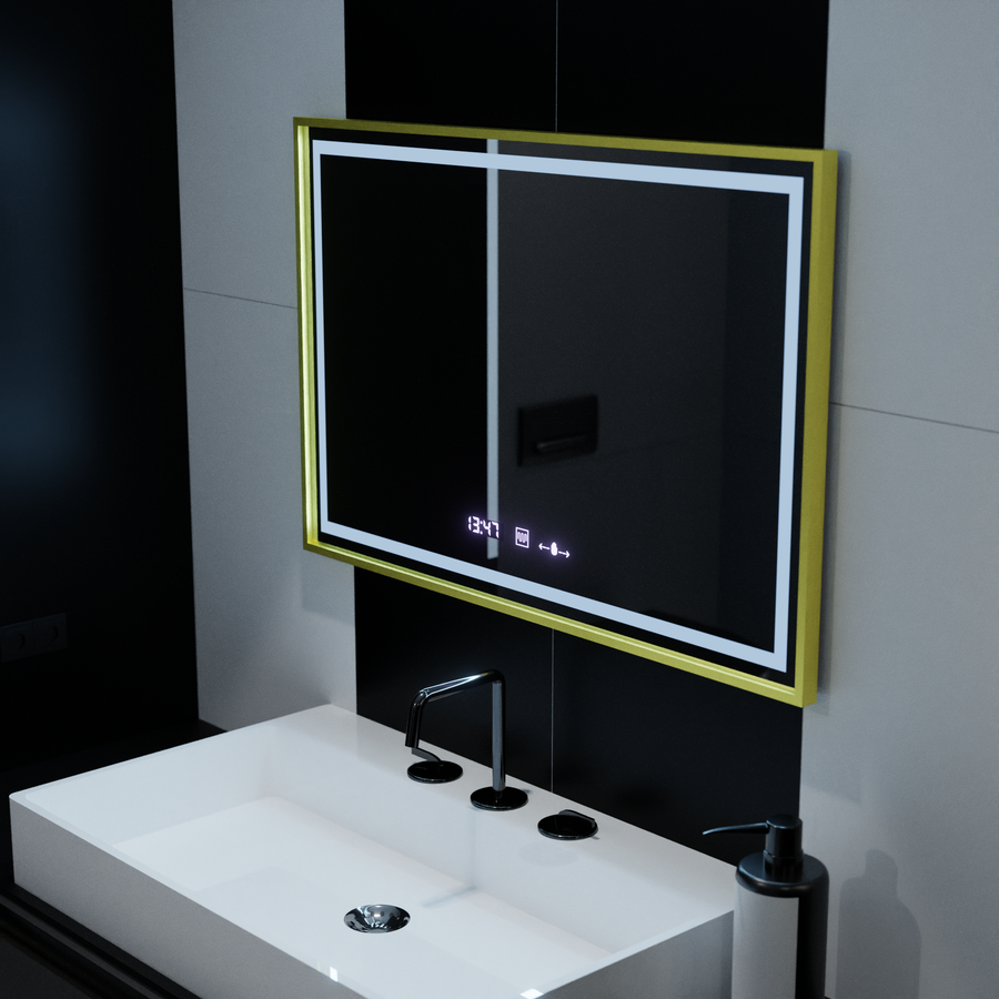 Правоъгълно LED огледало, 120x80 см, Verite Royale Gold MotionGlow Marcello, система за обезпотяване, часовник и термометър, димируеми огледала Marcello Заглавие по подразбиране Alessandro Design