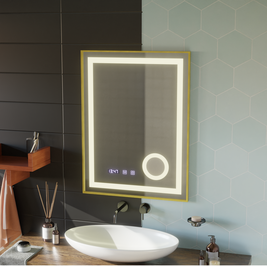 LED Touch CLARUS Система за размразяване на огледалото, часовник и температура 60x80 cm Златна рамка Полирана козметична лупа Огледала Korman S Заглавие по подразбиране Alessandro Design
