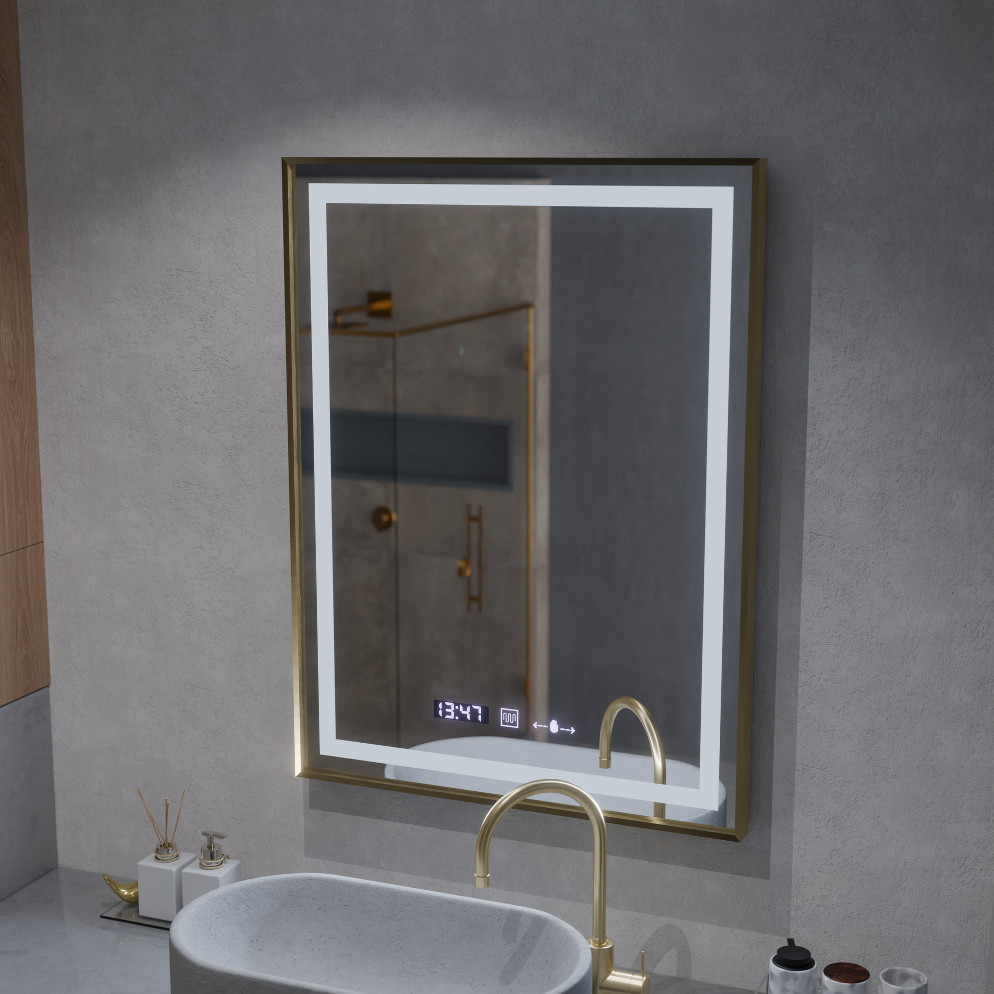 Правоъгълно LED огледало, 60x80 см, Verite Royale Gold MotionGlow Marcello, система за обезпотяване, часовник и термометър, димируеми огледала Marcello Заглавие по подразбиране Alessandro Design